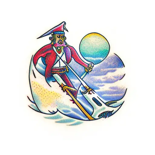 a pied piper leading humans towards a sunset with his flute  tattoo design idea