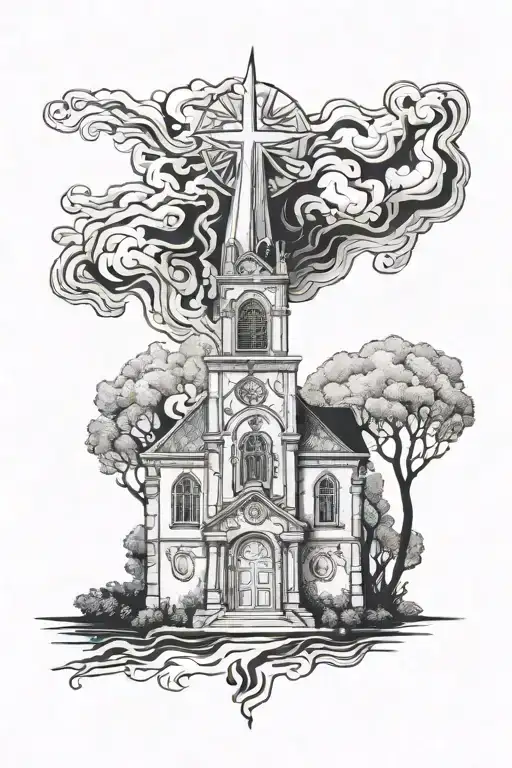 burning church tattoo design idea