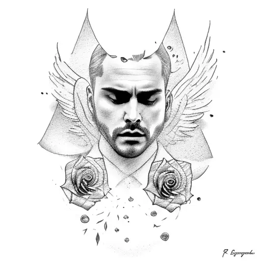 man falling like an angel, crying and with a rose in his hand shattering tattoo design idea