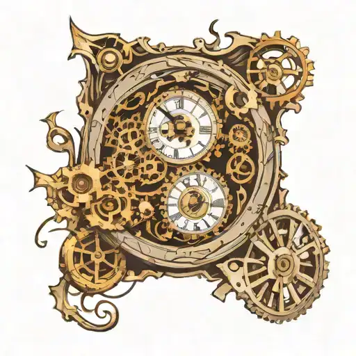 design an old clock that broke and the shattered pieces along with gears and springs are blown out  tattoo design idea