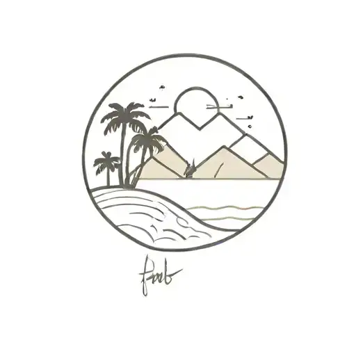 A blackwork tattoo of a mountain range with a sun setting behind it, incorporating palm trees and beach elements to showcase the client's love for hiking and the beach tattoo design idea