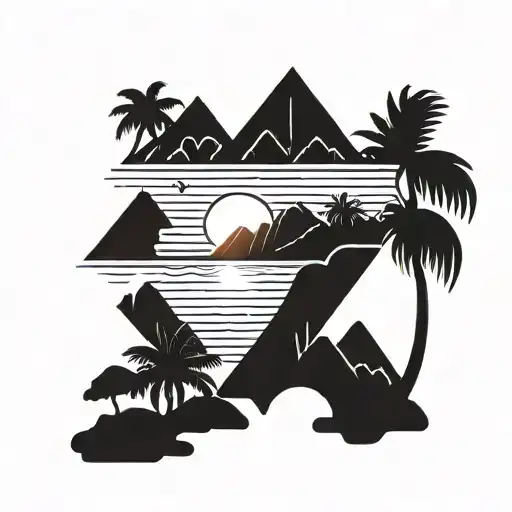 A blackwork tattoo of a mountain range with a sun setting behind it, incorporating palm trees and beach elements to showcase the client's love for hiking and the beach tattoo design idea