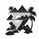 A blackwork tattoo of a mountain range with a sun setting behind it, incorporating palm trees and beach elements to showcase the client's love for hiking and the beach tattoo design idea