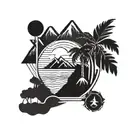 A blackwork tattoo of a mountain range with a sun setting behind it, incorporating palm trees and beach elements to showcase the client's love for hiking and the beach tattoo design idea