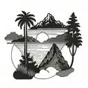 A blackwork tattoo of a mountain range with a sun setting behind it, incorporating palm trees and beach elements to showcase the client's love for hiking and the beach tattoo design idea