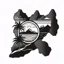 A blackwork tattoo of a mountain range with a sun setting behind it, incorporating palm trees and beach elements to showcase the client's love for hiking and the beach tattoo design idea