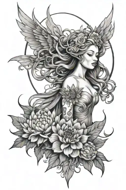 nemesis goddess of revenge + supernova + chrysanthems tattoo design idea