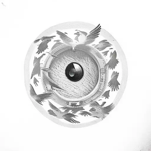 A tattoo of a camera lens with a flock of birds flying out of it tattoo design idea