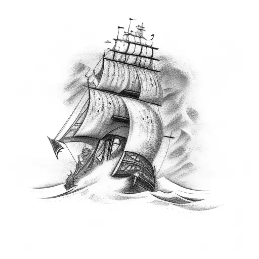 A pirate ship sailing through a stormy sea with Viking symbols tattoo design idea