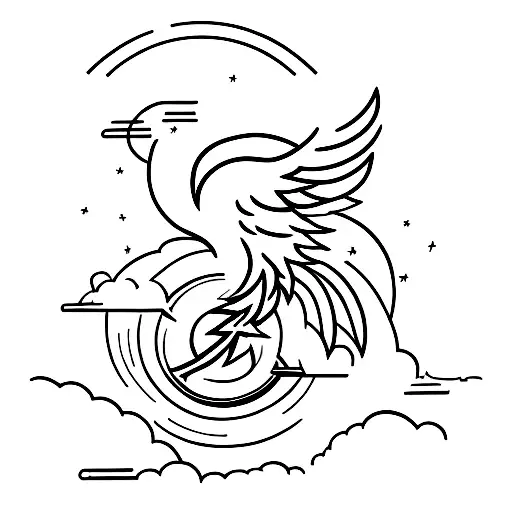 A rocket launching from a beach with crashing waves and a phoenix rising from the flames tattoo design idea