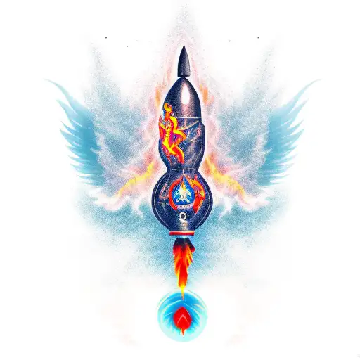 A rocket launching from a beach with crashing waves and a phoenix rising from the flames tattoo design idea