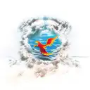 A rocket launching from a beach with crashing waves and a phoenix rising from the flames tattoo design idea