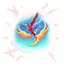 A rocket launching from a beach with crashing waves and a phoenix rising from the flames tattoo design idea