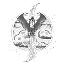 A rocket launching from a beach with crashing waves and a phoenix rising from the flames tattoo design idea