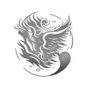 A rocket launching from a beach with crashing waves and a phoenix rising from the flames tattoo design idea