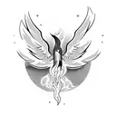 A rocket launching from a beach with crashing waves and a phoenix rising from the flames tattoo design idea