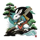 rabbit samurai with bonzai tree and water with coy fish  tattoo design idea