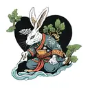 rabbit samurai with bonzai tree and water with coy fish  tattoo design idea