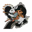 rabbit samurai with bonzai tree and water with coy fish  tattoo design idea