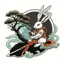 rabbit samurai with bonzai tree and water with coy fish  tattoo design idea