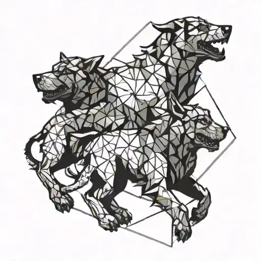 Cerberus depicted in a geometric blackwork design tattoo design idea