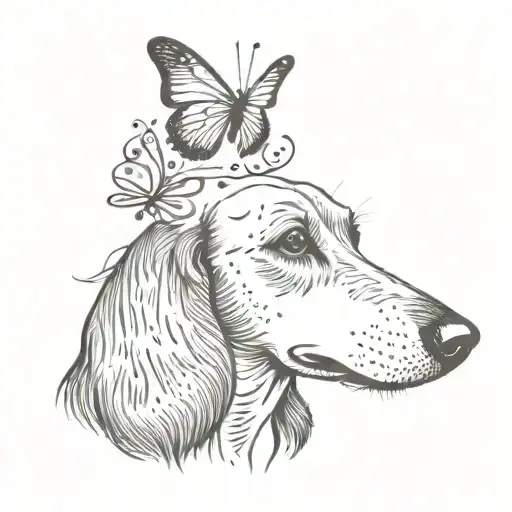 a minimalist dachshund head outline with a semicolon with butterfly wings landing on the tip of the dogs nose  tattoo design idea