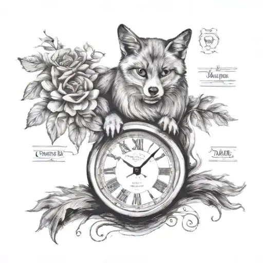 clock and a cat or fox with saying "collect moments not things" around. and dates 1964, 1965, 1990, 1997 tattoo design idea