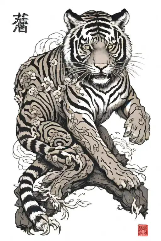 A realistic depiction of a Japanese tiger with apocalyptic scenery in the background tattoo design idea
