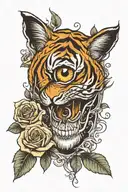 half human eye half tiger eye surrounded by a skull and roses tattoo design idea