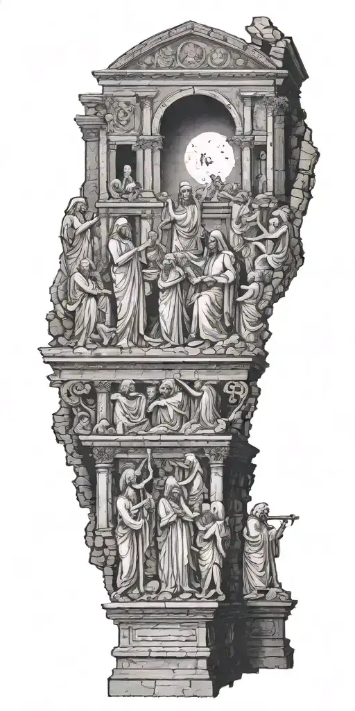 An eerie scene of a ghostly choir singing in front of a Roman ruin with the All Seeing Eye watching over them tattoo design idea