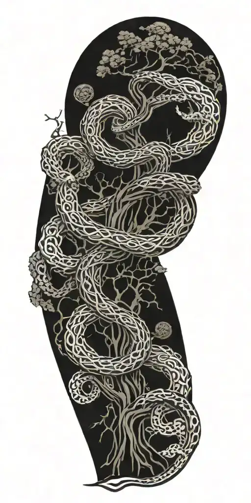 tree of knowledge with serpent coiled tattoo design idea