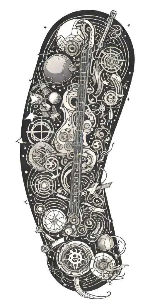 A geometric design featuring a mix of musical instruments and religious symbols in a cosmic setting tattoo design idea