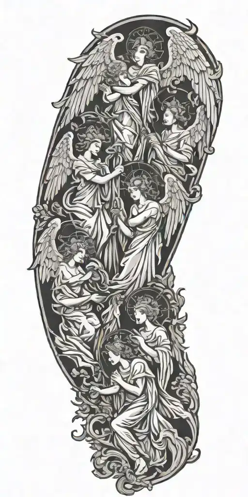 negative space demask and 3 beautiful angels tattoo design idea