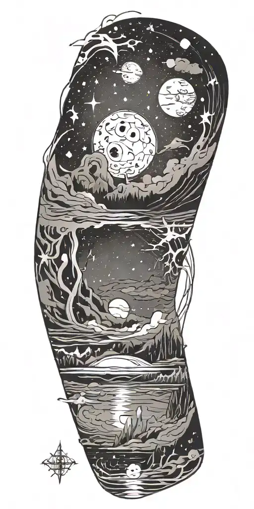 negative space demask and space scape tattoo design idea