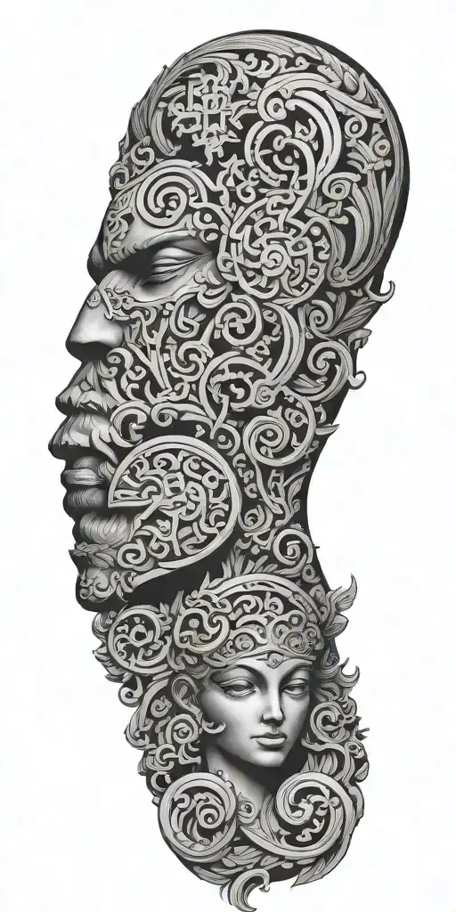 negative space demask and greek mythology tattoo design idea