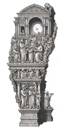 An eerie scene of a ghostly choir singing in front of a Roman ruin with the All Seeing Eye watching over them tattoo design idea