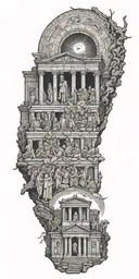 An eerie scene of a ghostly choir singing in front of a Roman ruin with the All Seeing Eye watching over them tattoo design idea