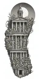 An eerie scene of a ghostly choir singing in front of a Roman ruin with the All Seeing Eye watching over them tattoo design idea