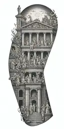 An eerie scene of a ghostly choir singing in front of a Roman ruin with the All Seeing Eye watching over them tattoo design idea