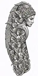 negative space demask and beautiful angels tattoo design idea