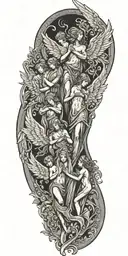 negative space demask and beautiful angels tattoo design idea