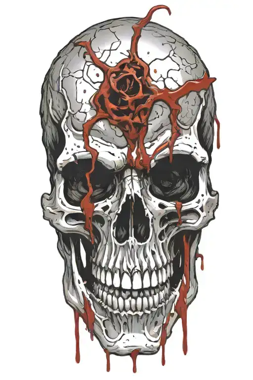 Horned skull with blood coming from eye and mouth open tattoo design idea