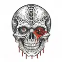 on the shoulder vampire skull with blood dripping from the eye and mouth the blood goes down the arm tattoo design idea