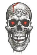 one vampire skull sleeptoken logo on the forehead with blood coming from the mouth and eyes that flow on the arm tattoo design idea