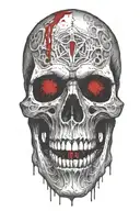 one vampire skull sleeptoken logo on the forehead with blood coming from the mouth and eyes that flow on the arm tattoo design idea