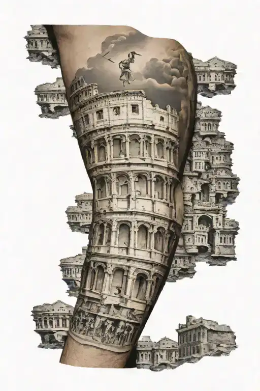 microrealism on a man's arm, tattoo of the Roman coliseum, with Roman ships, Roman warriors tattoo design idea