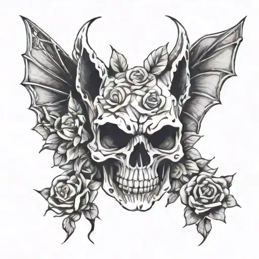 bat wings, skull cat back ground, pyramid reaching towards, roses tattoo design idea