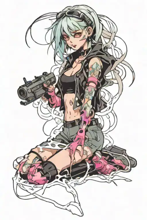 cyber punk, anime girl, gore, horror town with cuthulu tattoo design idea
