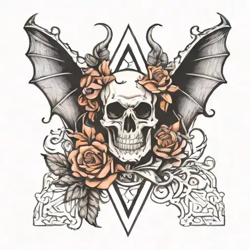 bat wings, skull back ground, pyramid reaching towards, roses tattoo design idea