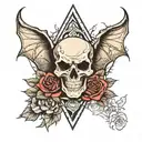 bat wings, skull back ground, pyramid reaching towards, roses tattoo design idea